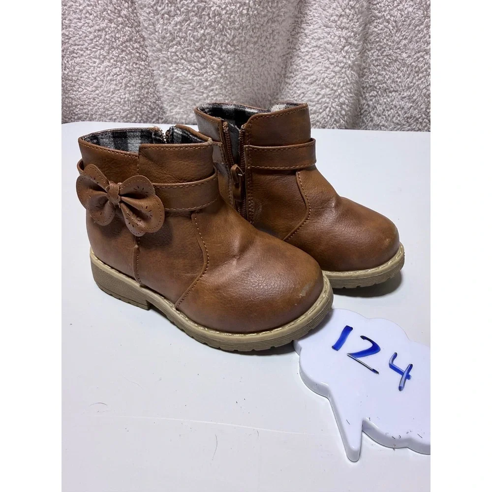 Toddler Girls Brown Faux Leather Ankle Boots with Side Bow Plaid Lining Size 8